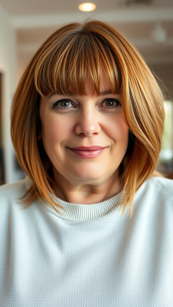 A woman with medium cut hair and side-swept bangs, smiling warmly.