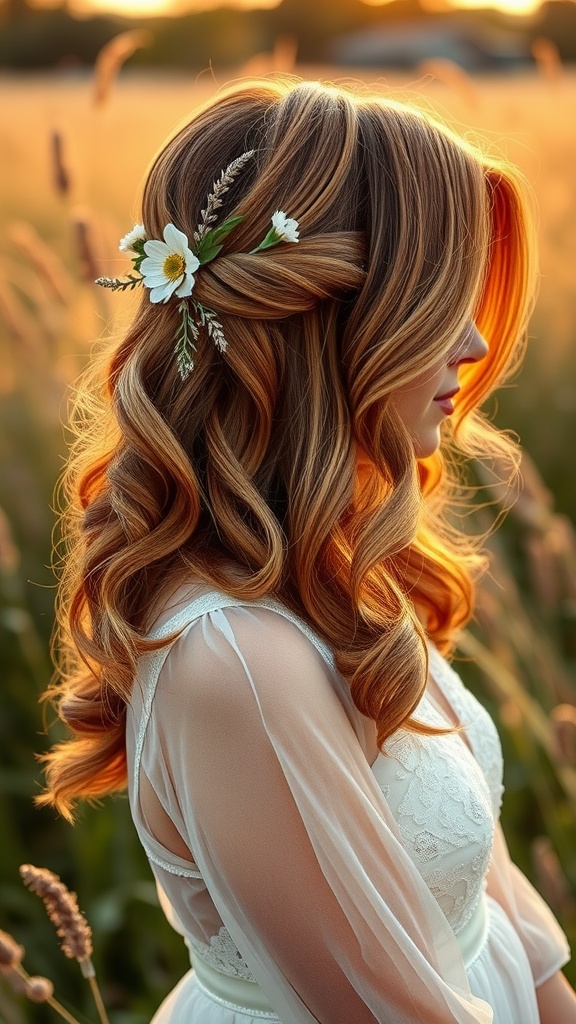 A woman with side-swept curls adorned with floral accents, standing in a field during sunset.