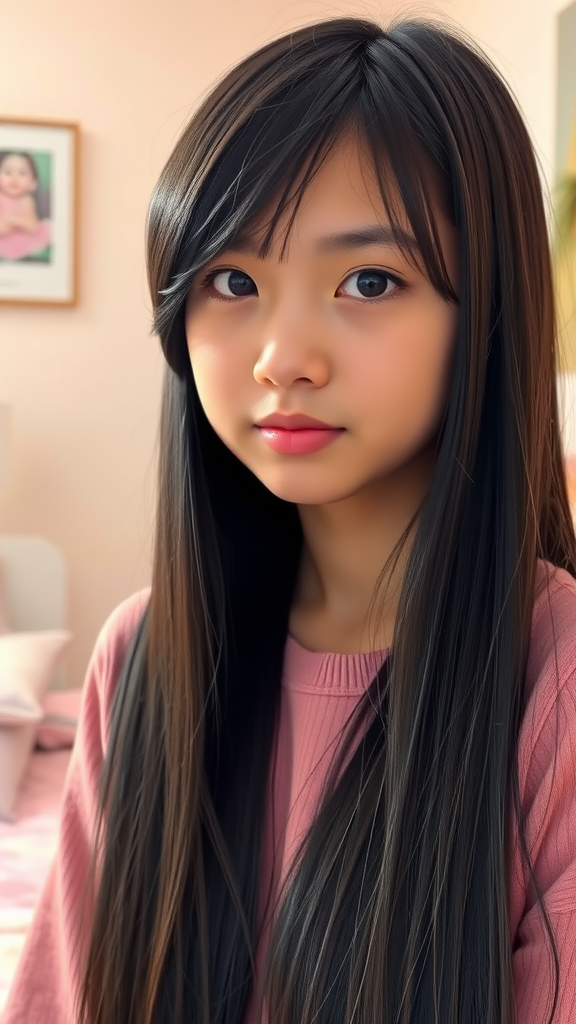 A girl with side-swept curtain bangs and long straight hair, looking stylish and casual.