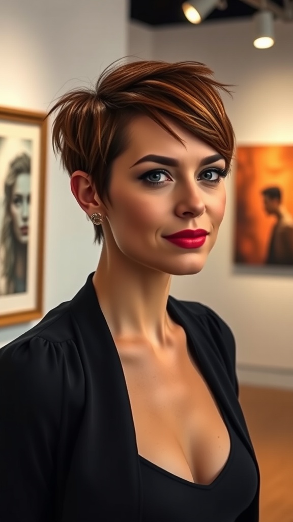 A woman with a stylish side-swept pixie cut, featuring short hair and a confident smile, standing in a gallery.