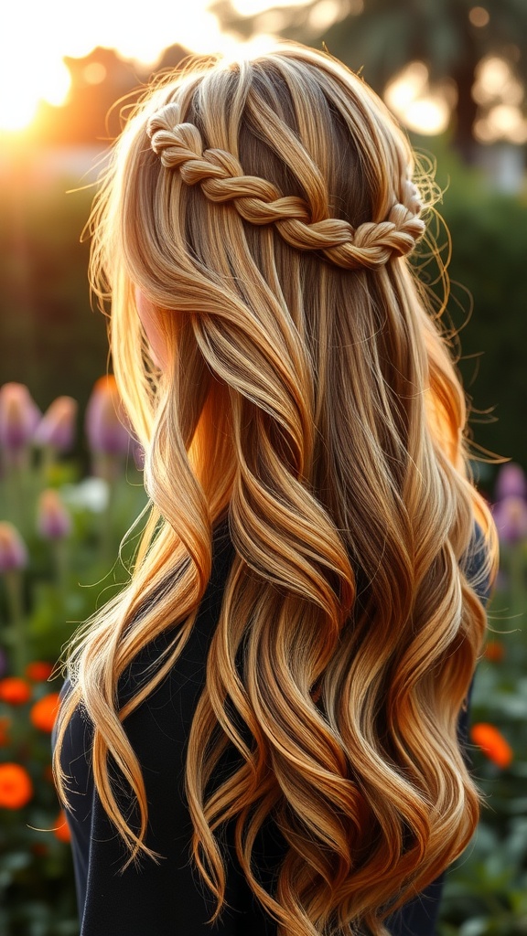 A woman with medium-length hair styled in a side-swept waterfall braid with loose curls.