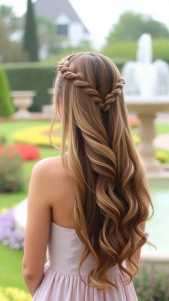 A woman with long, wavy hair styled in a side-swept waterfall braid, showcasing a beautiful outdoor garden setting.