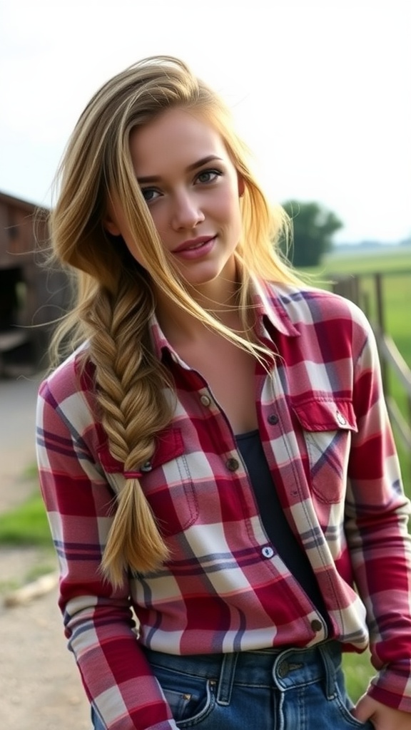 A woman with long hair styled in a side braid, wearing a plaid shirt.