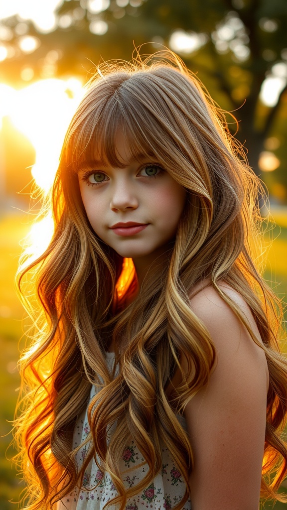 Teen girl with long, wavy hair and feathered bangs, illuminated by sunlight