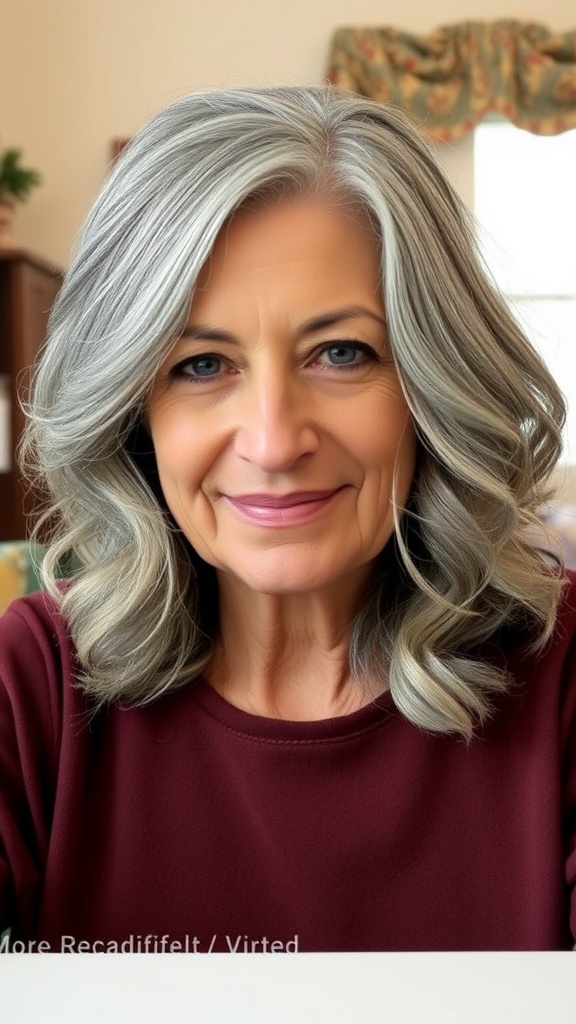 A woman with side-swept waves, showcasing a stylish hairstyle for older women.