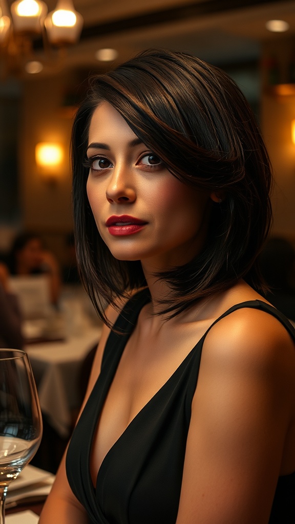 A woman with a sleek A-line bob hairstyle and side-swept bangs, wearing a black dress.