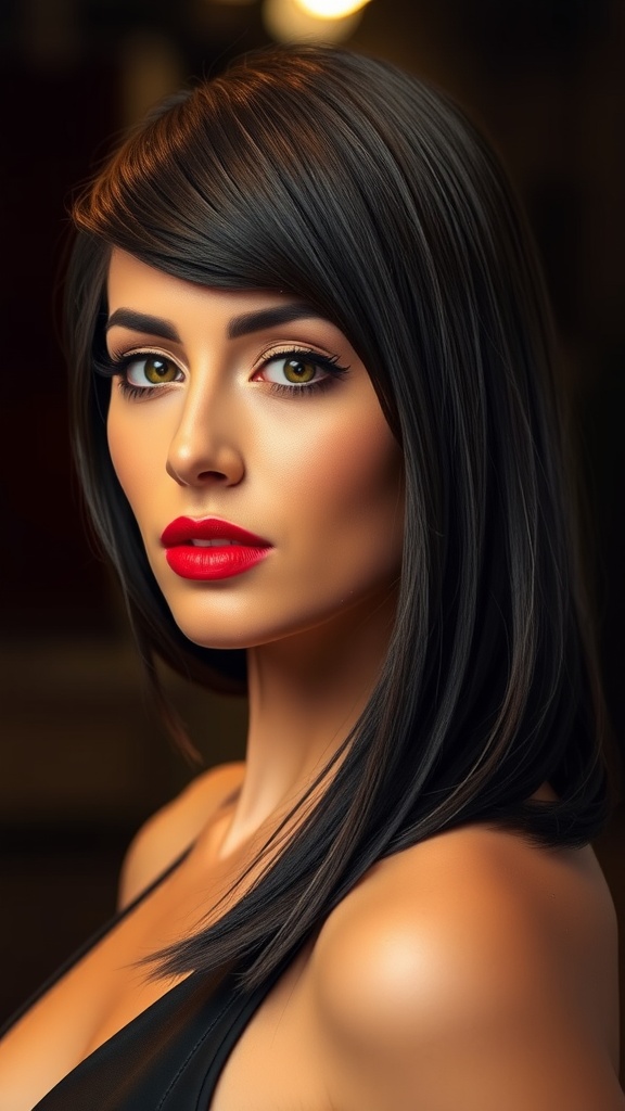 A woman with a sleek asymmetrical bob haircut and bangs, showcasing a polished and stylish appearance.