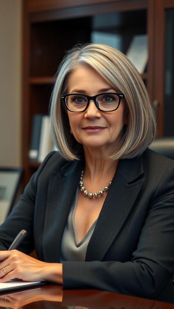 A woman with a sleek bob haircut and face-framing highlights, wearing glasses and a stylish outfit, sitting at a desk