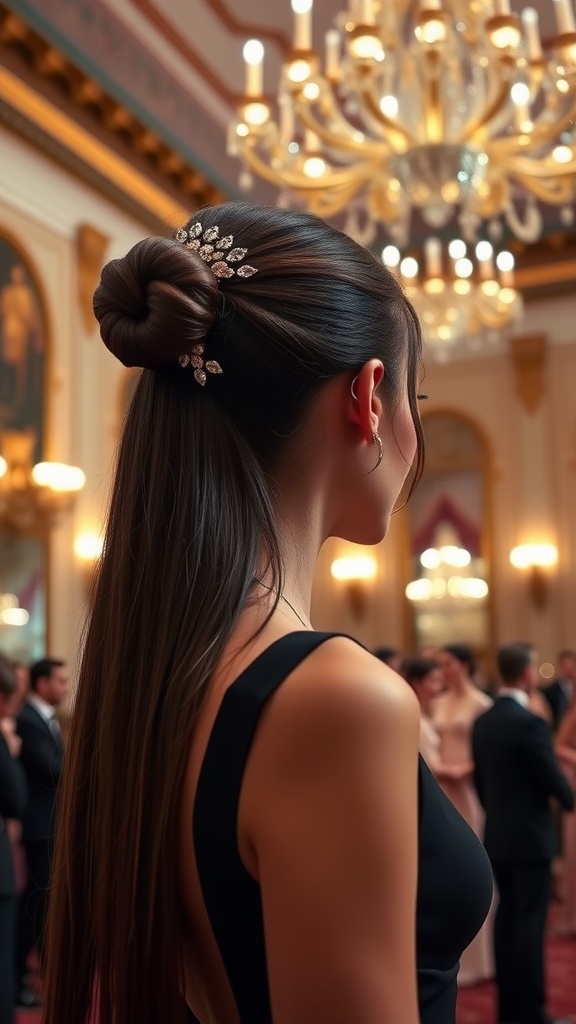 A woman with a sleek high bun hairstyle adorned with accessories, seen from the back in an elegant setting.