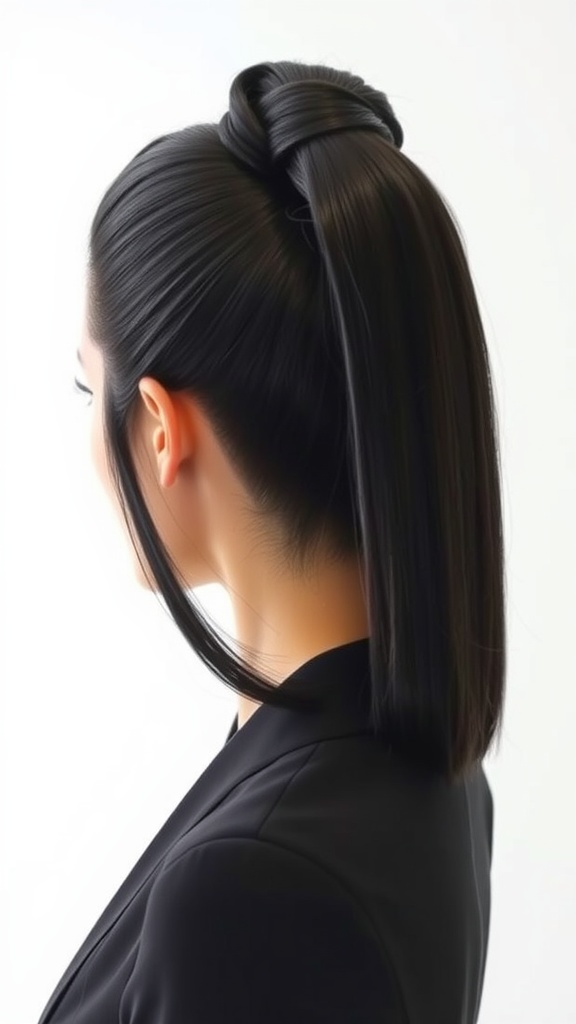 A sleek high ponytail hairstyle featuring a twist and pin, showcasing smooth black hair.