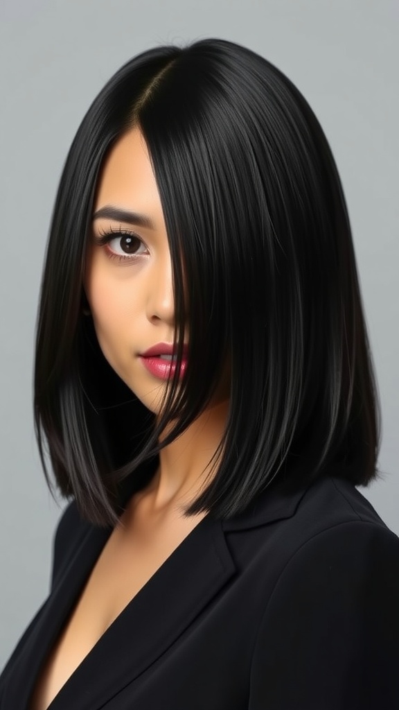 A woman with sleek medium length hair styled in layers and a middle part