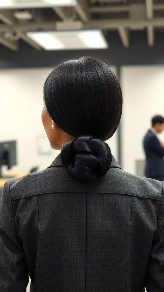 A woman with a sleek low bun hairstyle, wearing a formal outfit, viewed from the back.
