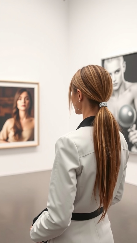 A woman with long hair styled in a sleek low ponytail, viewing art in a gallery.