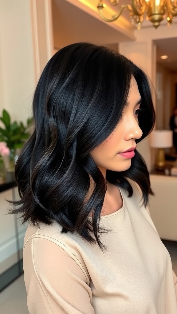 A woman with medium length hair styled in sleek middle-part waves.