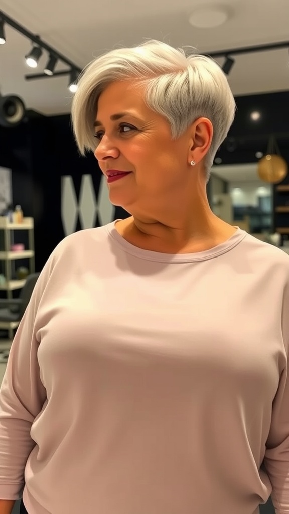 A woman with a sleek pixie haircut and undercut, showcasing a modern and stylish look.