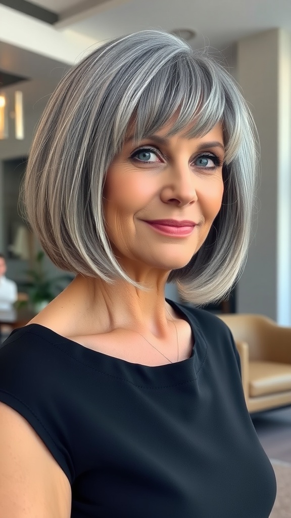 A woman with gray hair styled in a sleek shag with blunt ends, wearing a black top, smiling warmly.