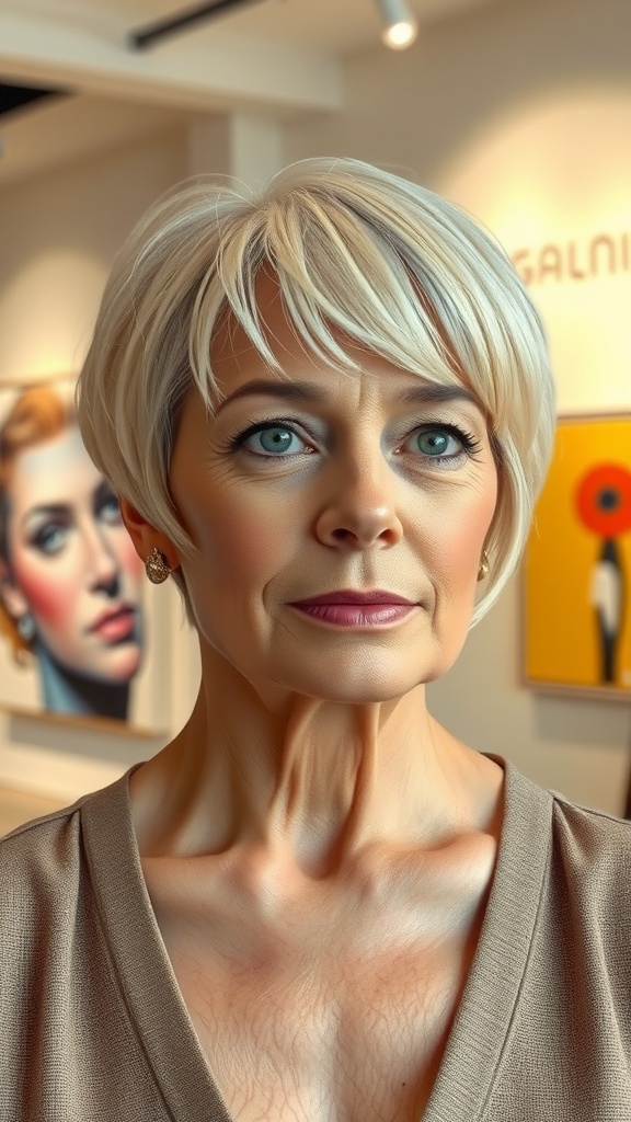 A woman over 50 with a sleek shag haircut and thin bangs, looking stylish and confident.