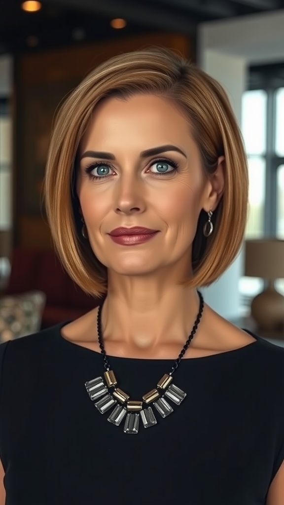 A woman with a sleek short bob hairstyle, wearing a black dress and a statement necklace, looking confidently at the camera.