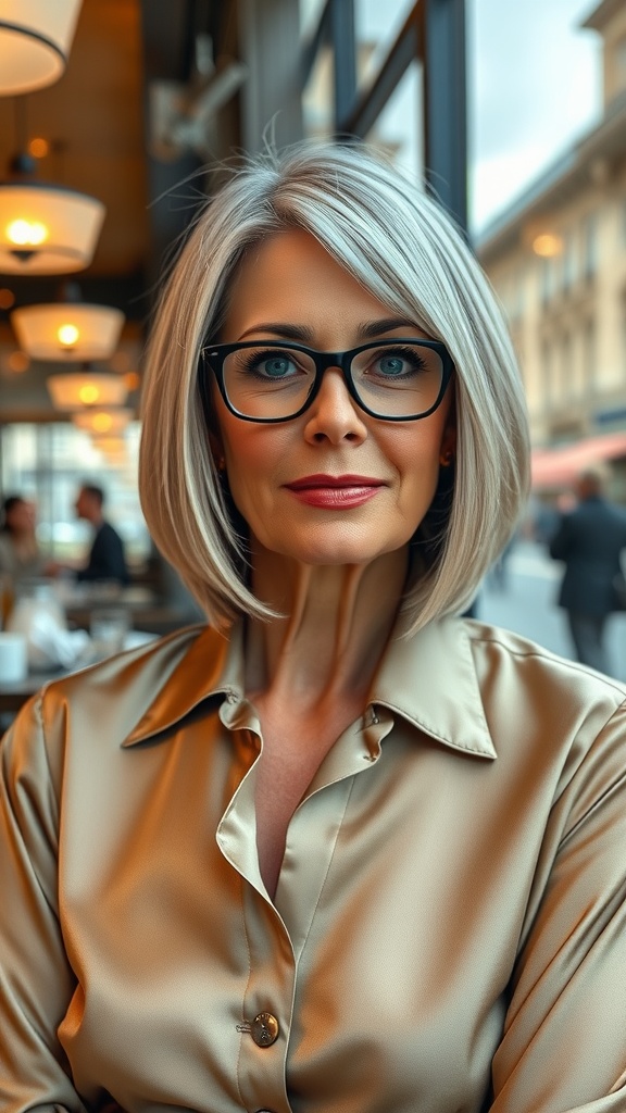 A woman with a sleek shoulder-length bob hairstyle, wearing glasses and a beige blouse, sitting in a cafe.