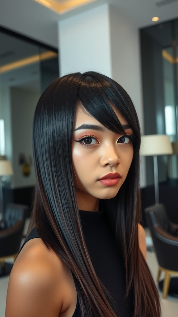 Teen girl with sleek straight hair and angular bangs, showcasing a modern hairstyle.