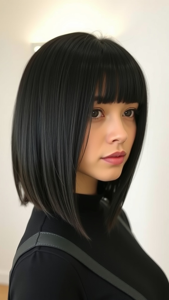 A woman with a sleek straight lob hairstyle, featuring shiny black hair and blunt bangs.