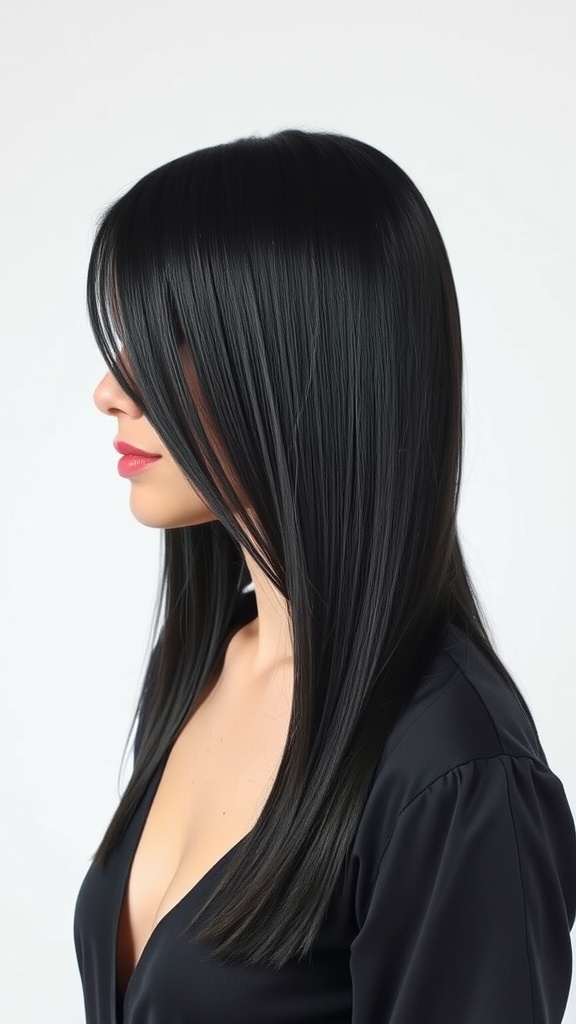 A woman with sleek straight lob hairstyle and long curtain bangs, showcasing a modern and stylish look.