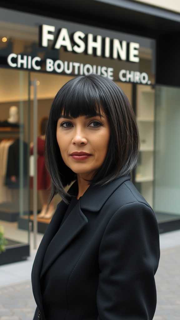 A woman with a sleek straight lob hairstyle and micro bangs, wearing a black blazer in front of a boutique.