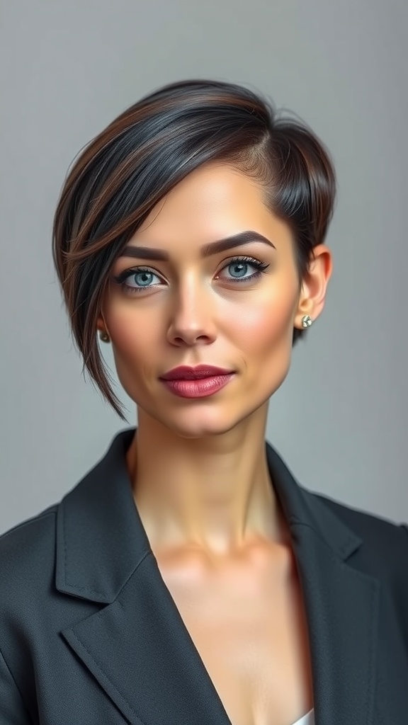 A woman with a sleek tapered pixie cut featuring longer bangs, wearing a dark blazer.