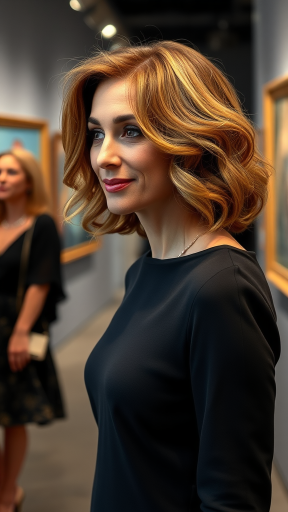 A woman with a soft curl bob hairstyle featuring highlights, smiling confidently in a gallery setting.