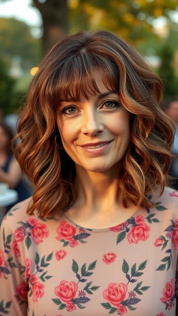 A woman with soft curled bob hair and curtain bangs, wearing a floral blouse.
