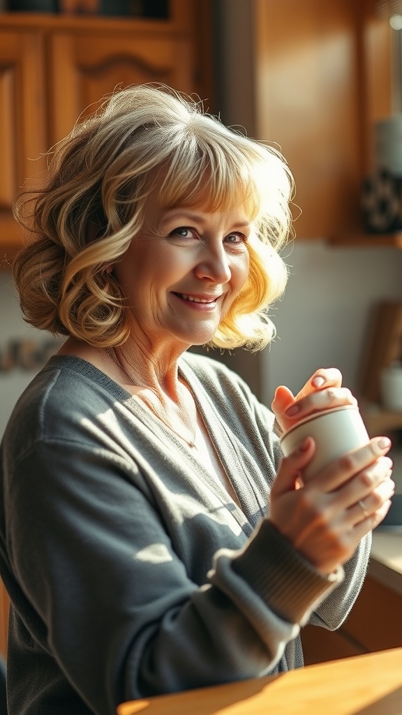 A woman with a soft curling bob hairstyle and side bangs, smiling while holding a cup