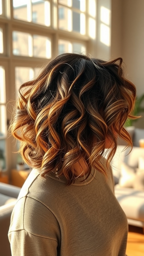 Soft curly bob hairstyle with highlights, showcasing volume and movement.