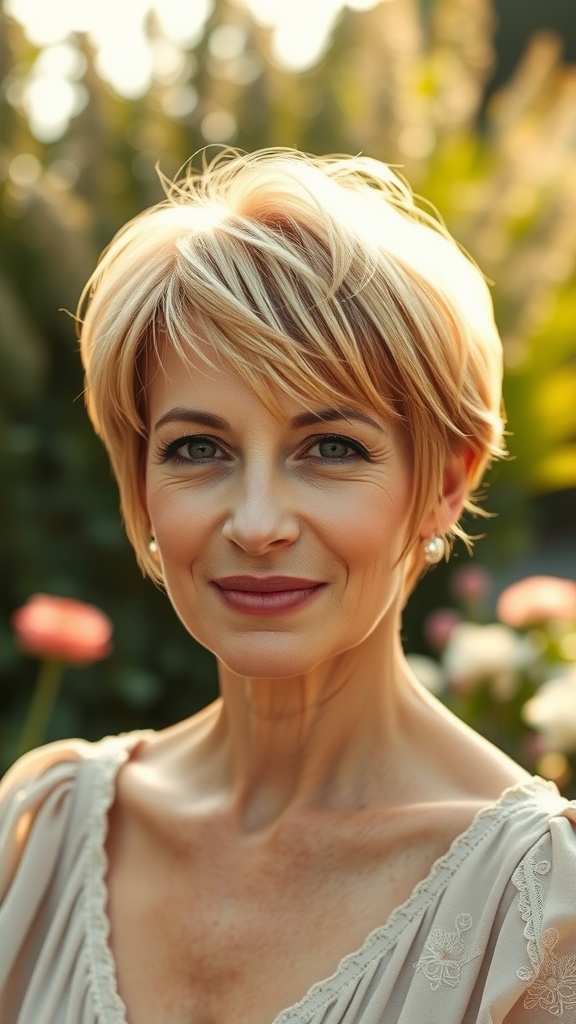 A woman with a soft feminine pixie haircut, smiling in a garden setting with colorful flowers.