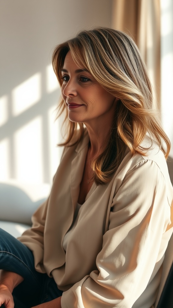 A woman with soft layered lob hairstyle featuring subtle balayage highlights, sitting in natural light.