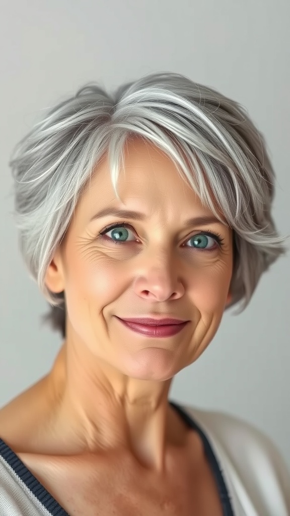 A woman with short, soft layered shag hairstyle, featuring light gray hair and a warm smile.