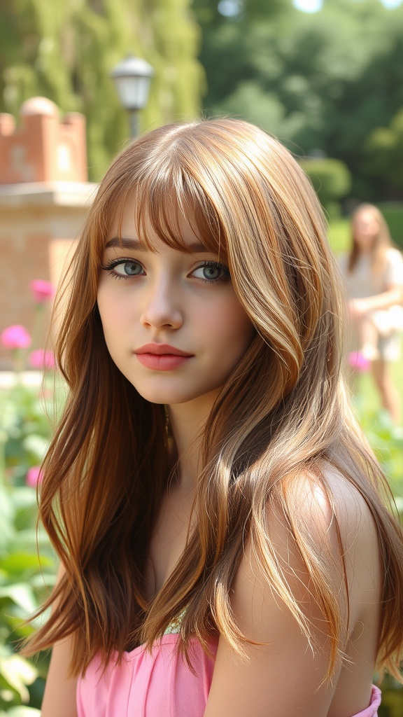 A young woman with soft layers and curtain bangs, showcasing a stylish hairstyle.