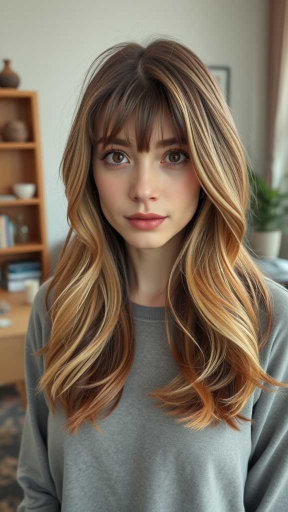 A woman with medium length hair featuring soft layers and full curtain bangs.
