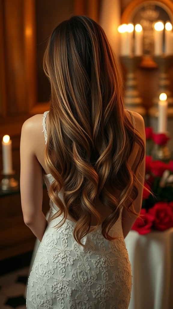 A woman with long, soft romantic waves in her hair, wearing a lace dress, standing near candles and roses.