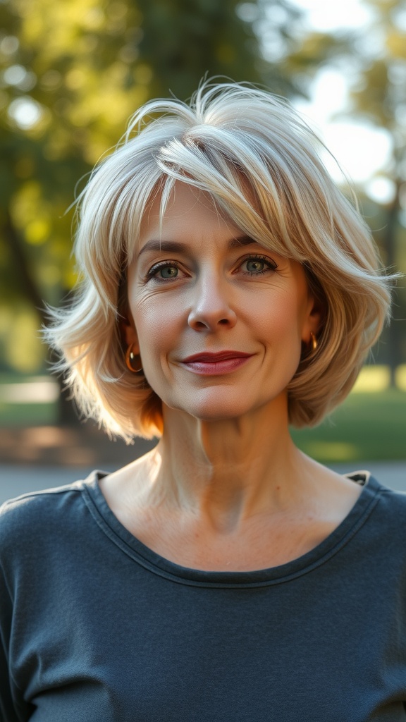 A woman with a soft shag hairstyle featuring side-swept bangs, smiling in a natural setting.