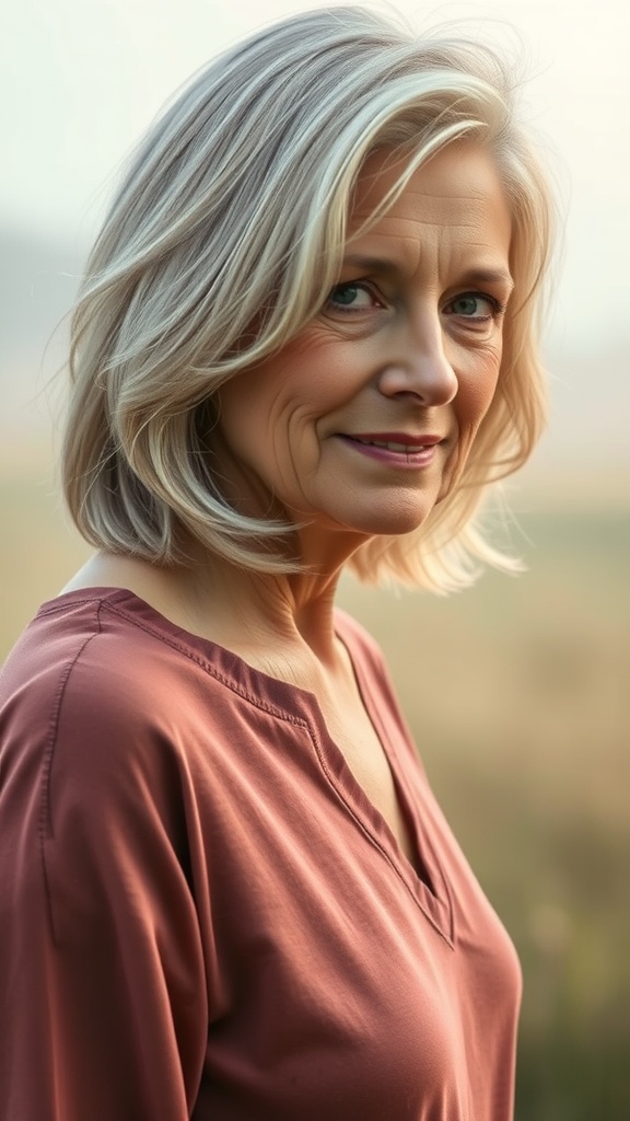 A woman with a soft shag hairstyle featuring side layers, looking confidently at the camera.