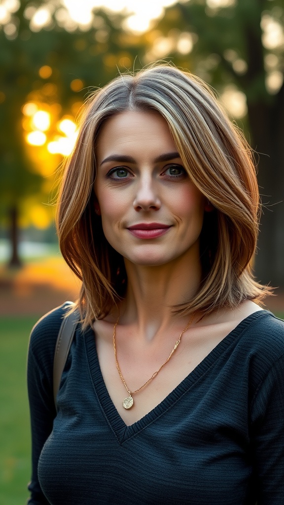A woman with soft shag haircut and subtle highlights, wearing a black top with a necklace, smiling outdoors during sunset.