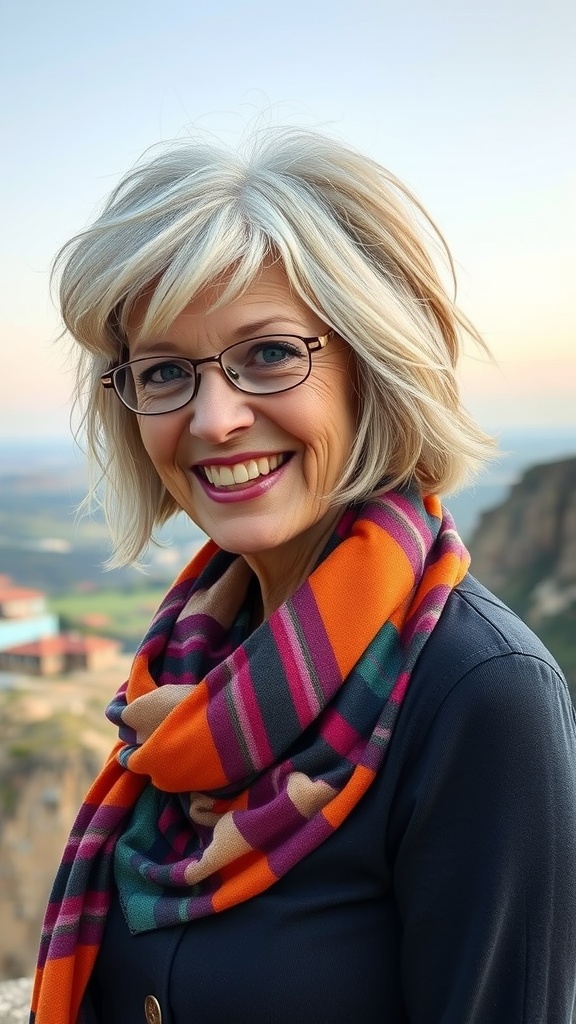 Woman with soft shag haircut and colorful scarf, smiling against a scenic background