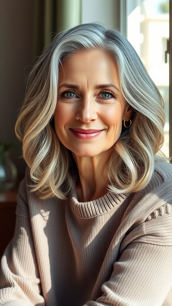 A woman with soft shoulder-length waves, showcasing a natural and fresh hairstyle.