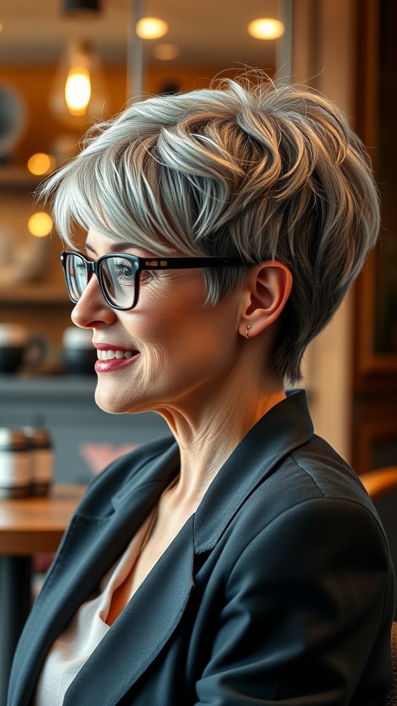 A woman with a soft undercut tapered pixie cut, featuring silver hair and glasses, smiling in a cozy indoor setting.