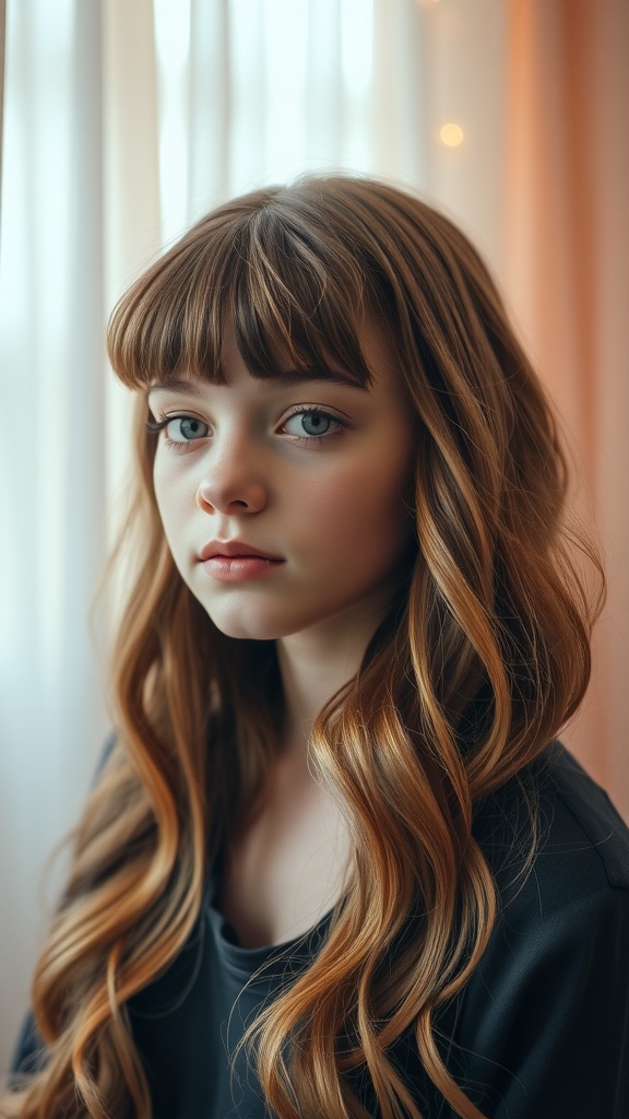 A girl with soft waves and straight across bangs, showcasing a stylish hairstyle.