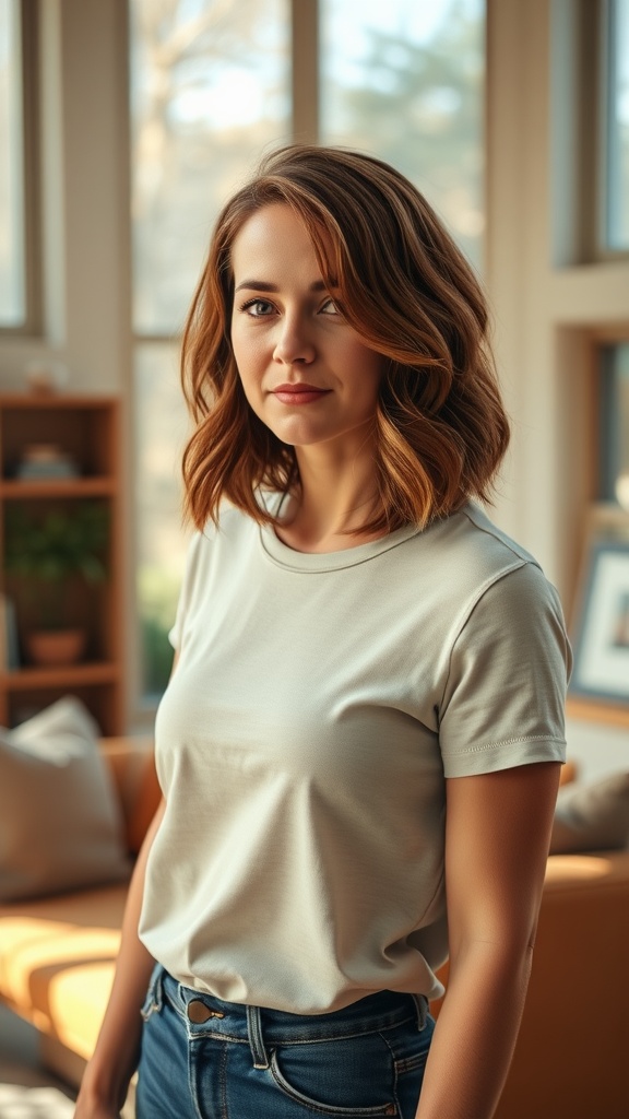 A woman with a soft wavy asymmetrical bob haircut, wearing a light-colored t-shirt and standing in a bright room.