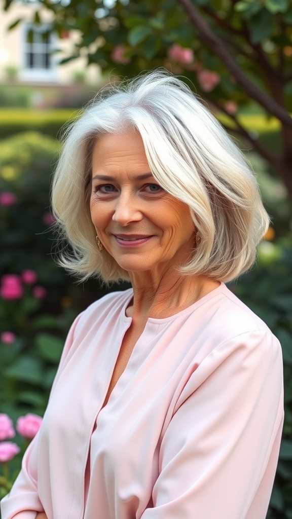 A woman with soft wavy lob hairstyle, featuring subtle layers, smiling in a garden setting