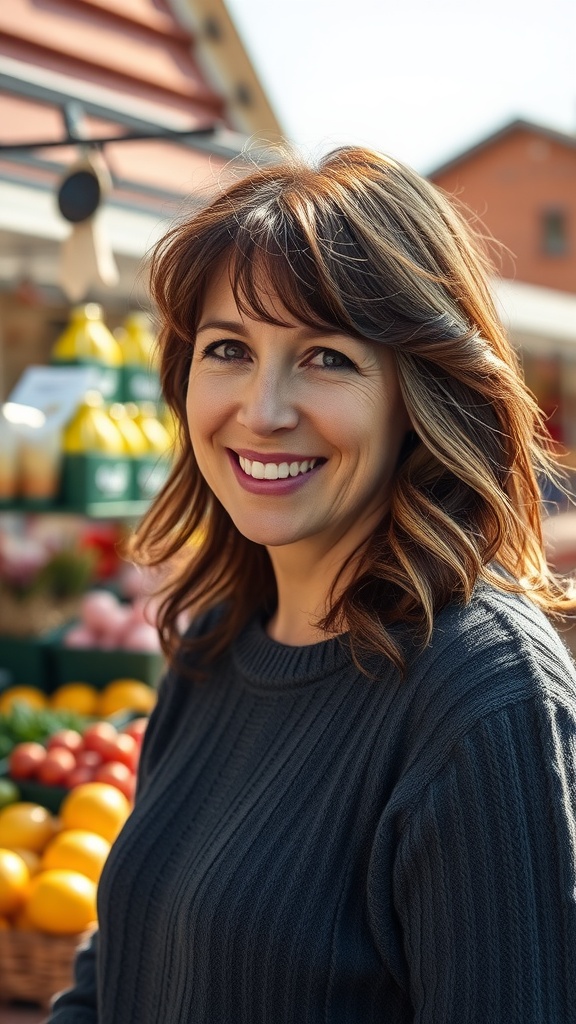 A woman with soft wavy shoulder-length hair and subtle bangs, smiling in a casual sweater.