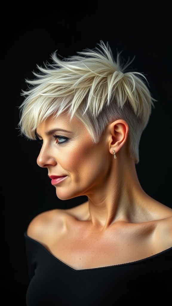 A woman with a spiky pixie haircut, showcasing textured layers and a light blonde color.
