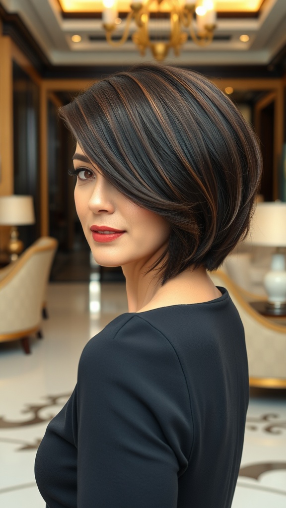 A woman with a stacked asymmetrical bob hairstyle, featuring dark hair with highlights, styled elegantly in a luxurious setting.